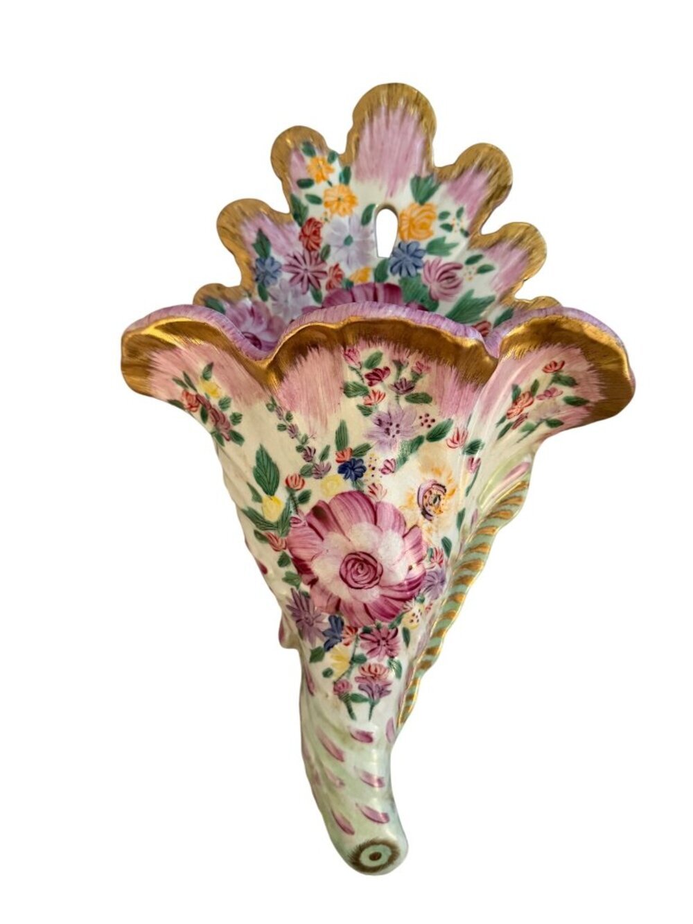 Antique French Cornucopia Shaped Hand-painted Floral Wall Vase Decorative